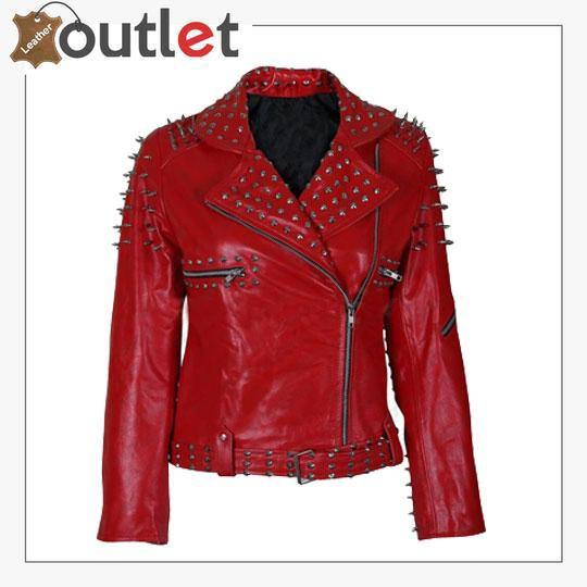 Handmade womens red studded punk leather jacket in real hide
