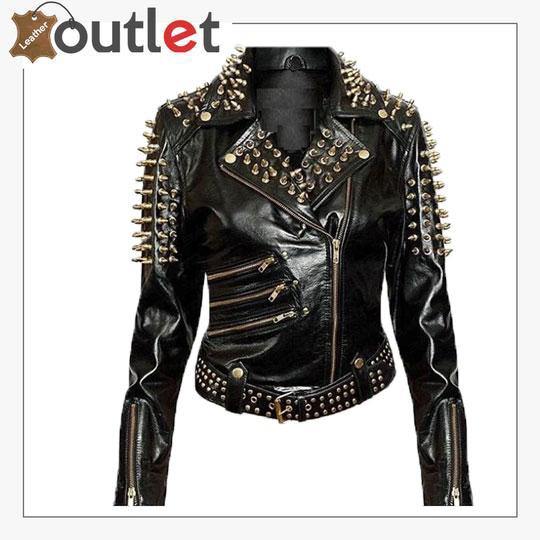 Handmade womens plain black leather jacket with minimal studding