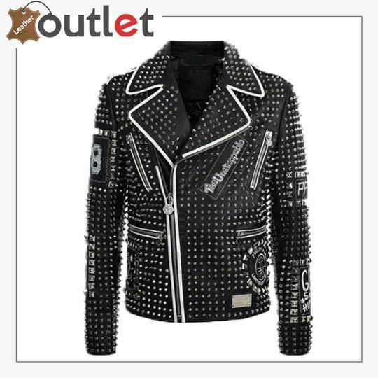 Handmade mens studded punk leather jacket in real hide with biker fit
