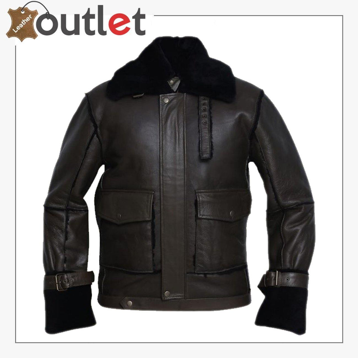 Men black bomber shearling jacket, front view