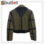 Handmade Womens Black Fashion Golden Studded Punk Style Leather Jacket
