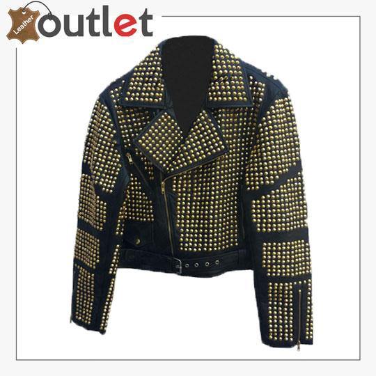 Handmade mens black studded punk leather jacket with stitched lining