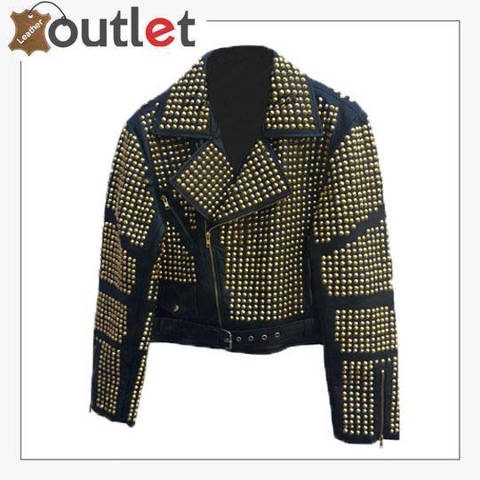 Handmade Womens Black Fashion Golden Studded Punk Style Leather Jacket