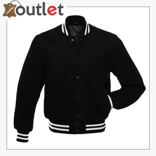 Black fleece varsity jacket with ribbed knit trim, front view