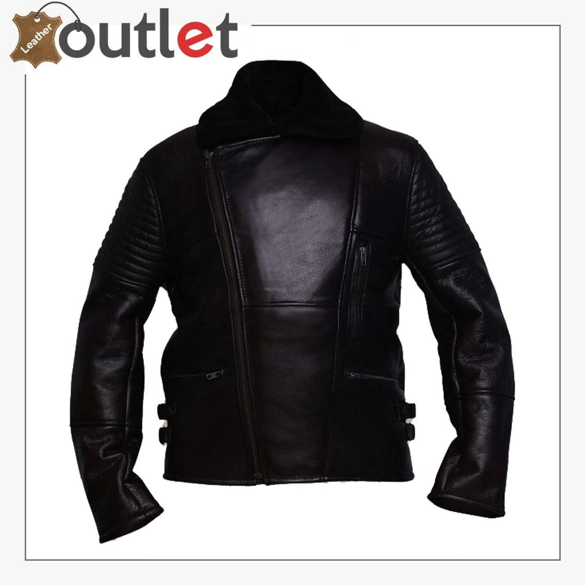 Men black rider shearling leather jacket, front view