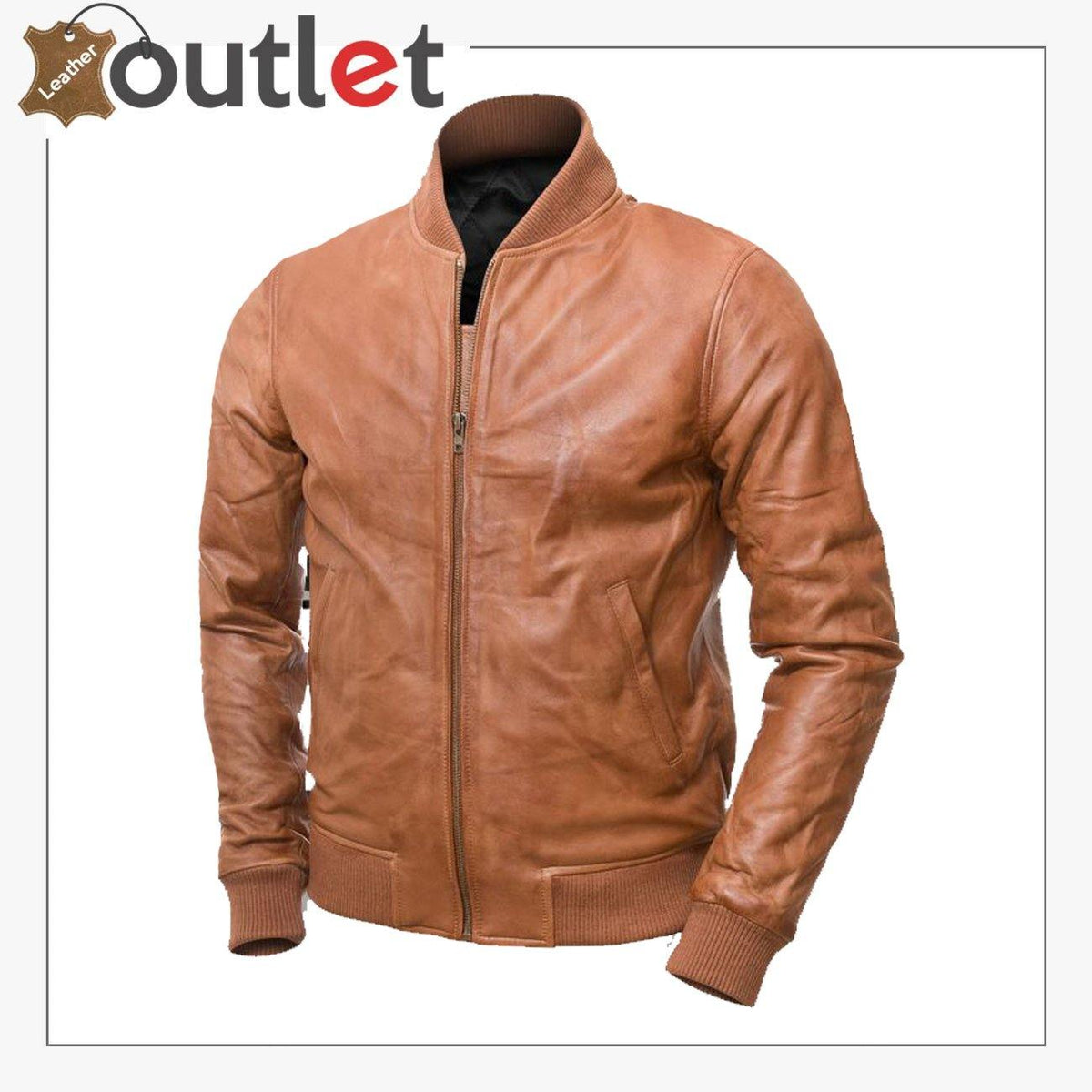 Men brown leather bomber jacket, front view
