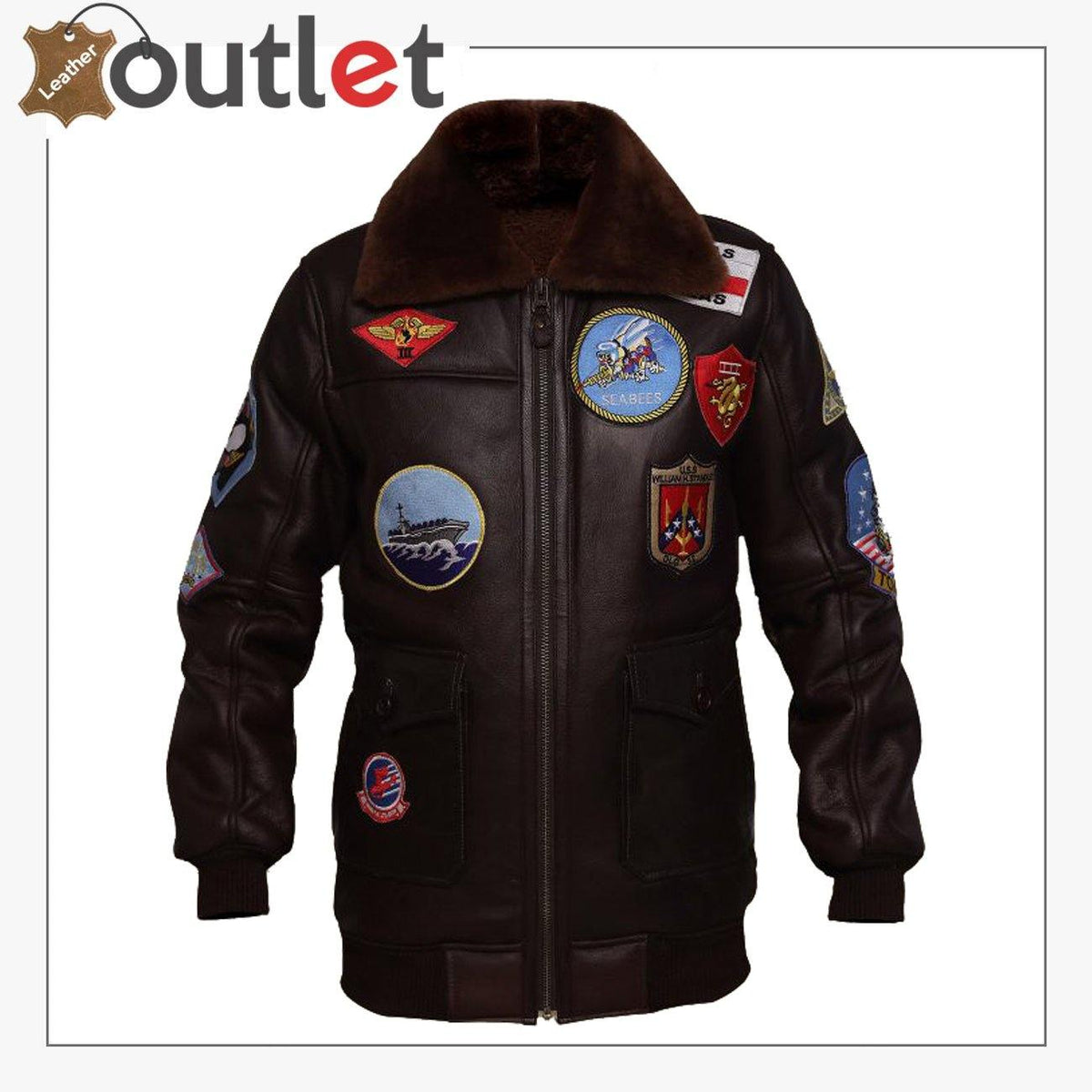 Mens dark brown G-1 style flight jacket with shearling collar, front view