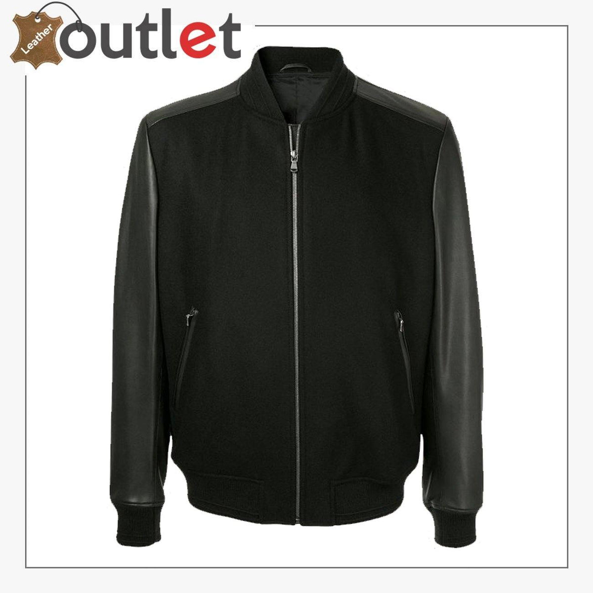 Men black college bomber leather jacket, front view