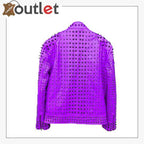 Purple studded leather biker jacket, back view