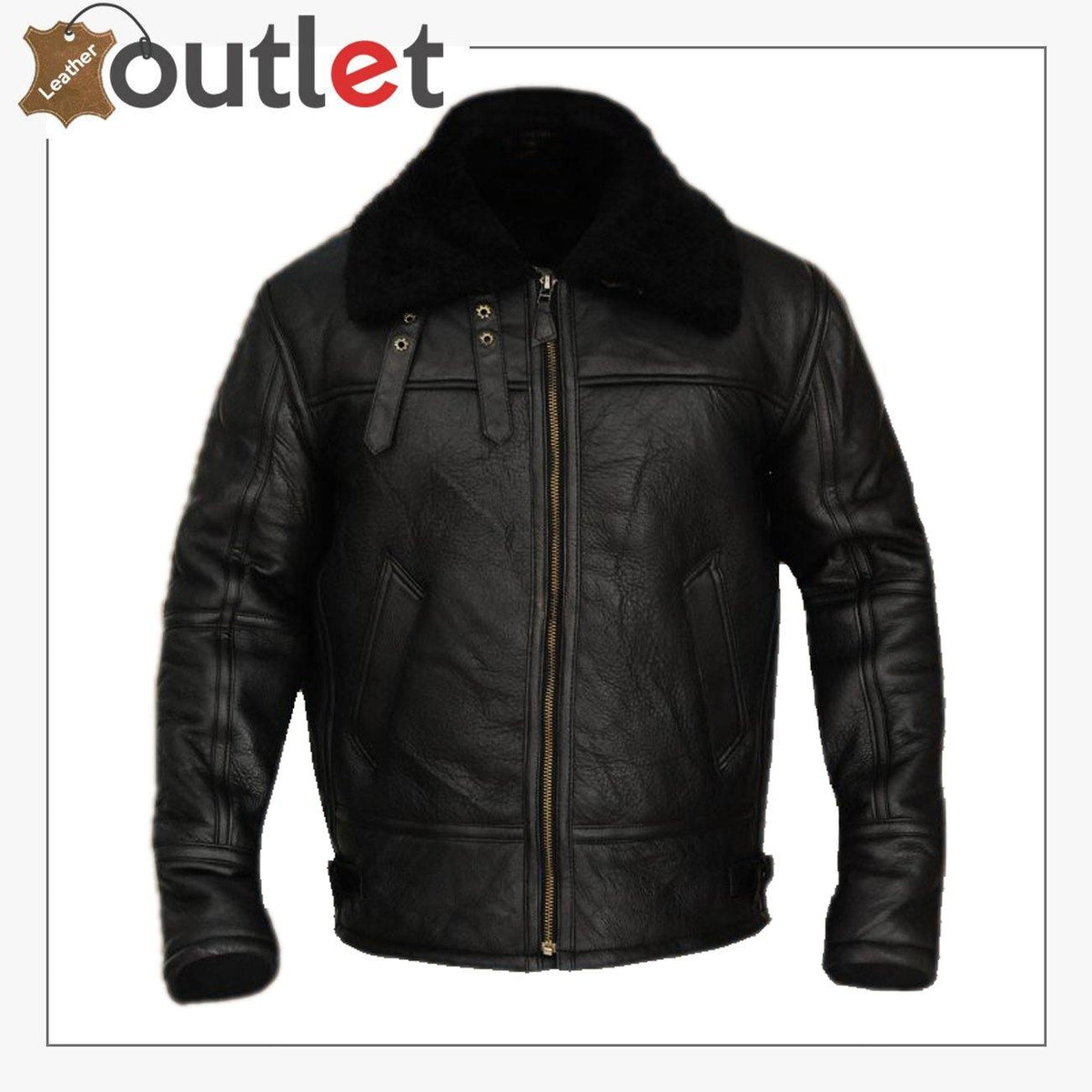 Men jet black shearling leather jacket, front view with fleece collar