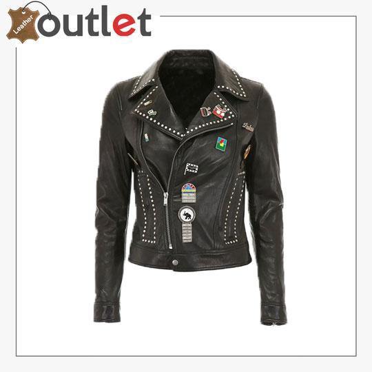 Silver studded biker jacket with pin badges, front view