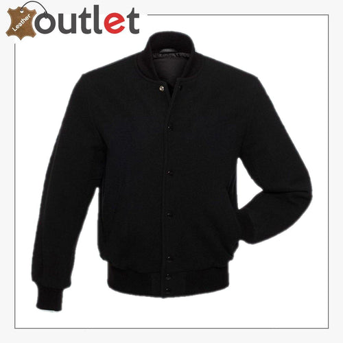 Black fleece varsity jacket, front view with snap placket