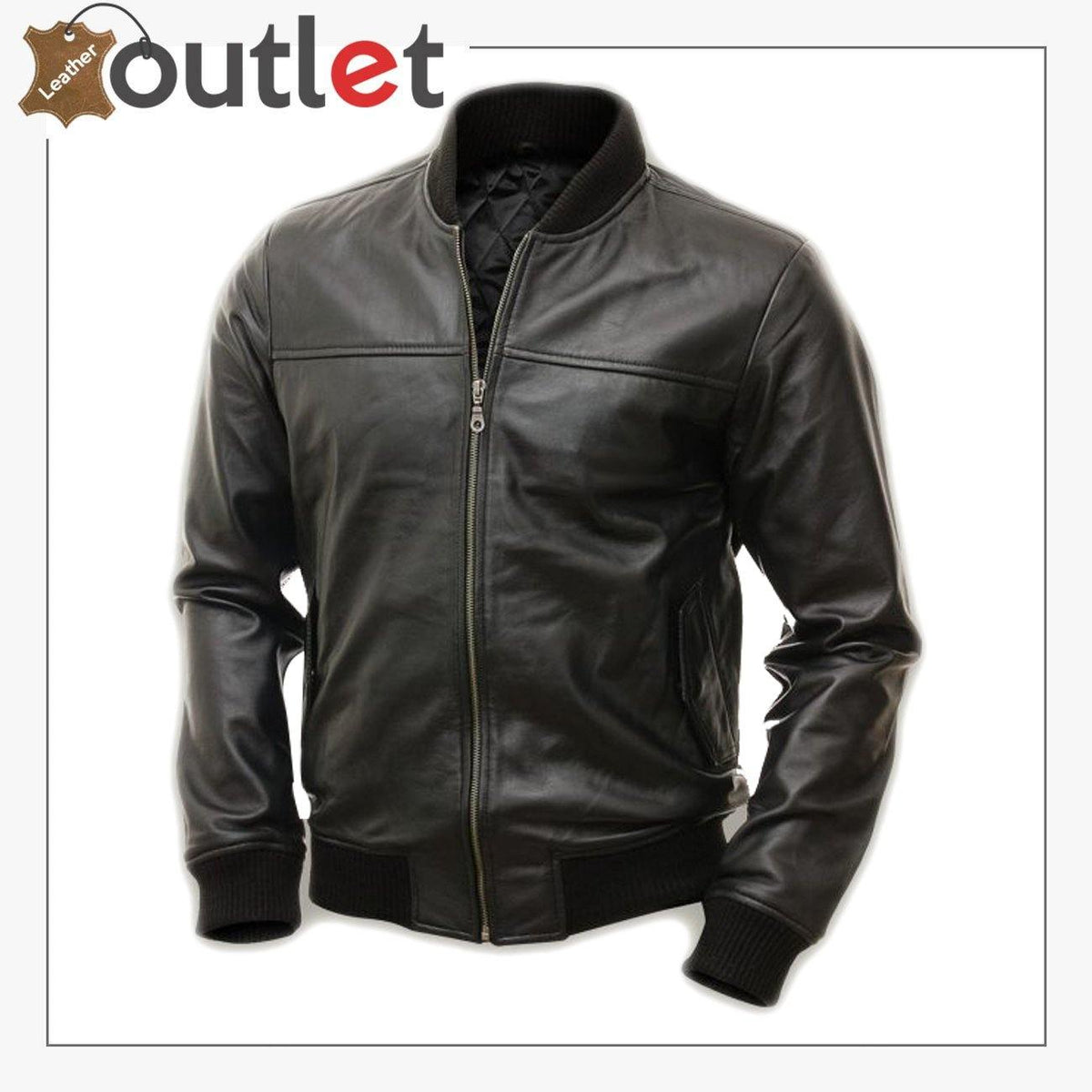 Men pitch black leather bomber jacket, front view