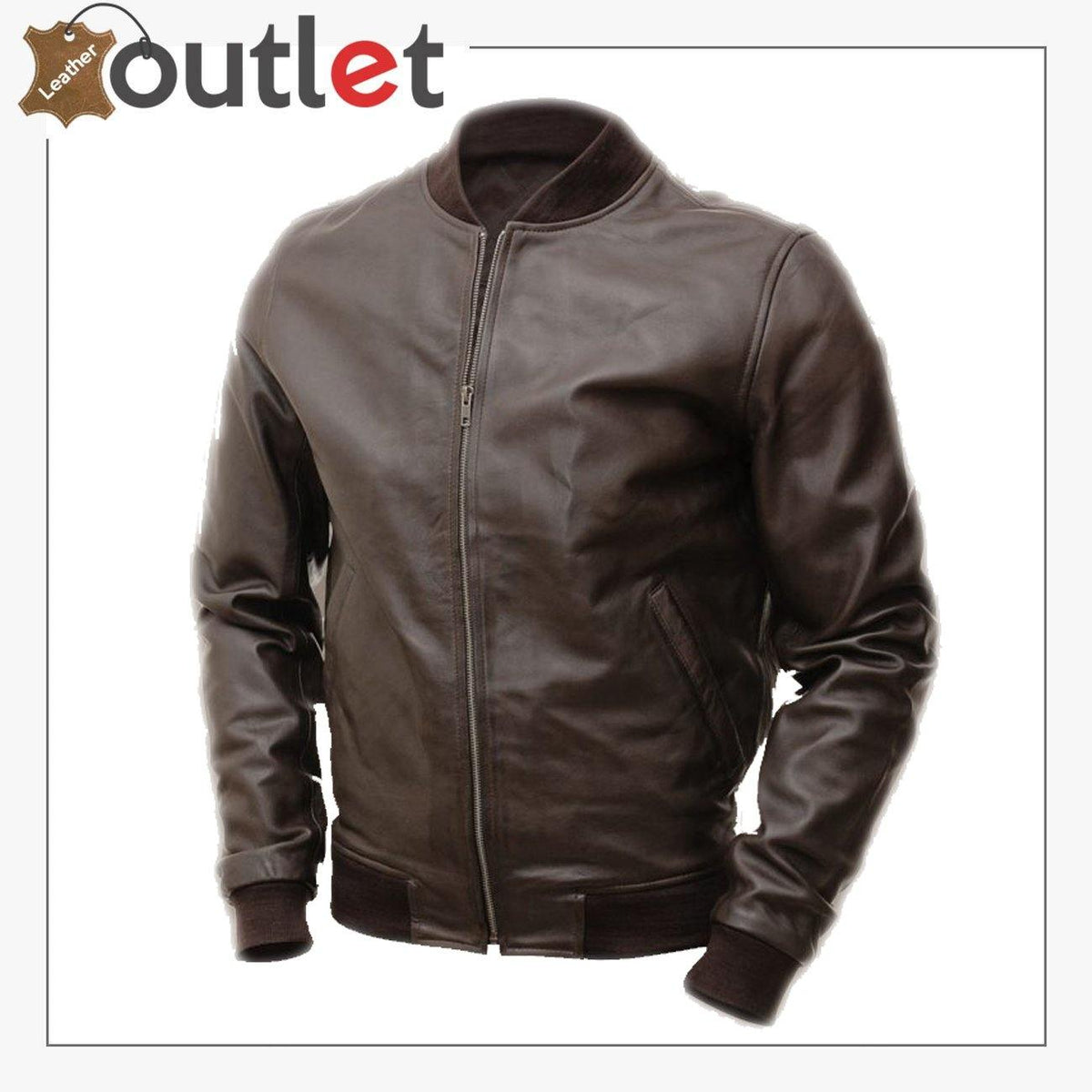 Men hickory brown leather bomber jacket, front view
