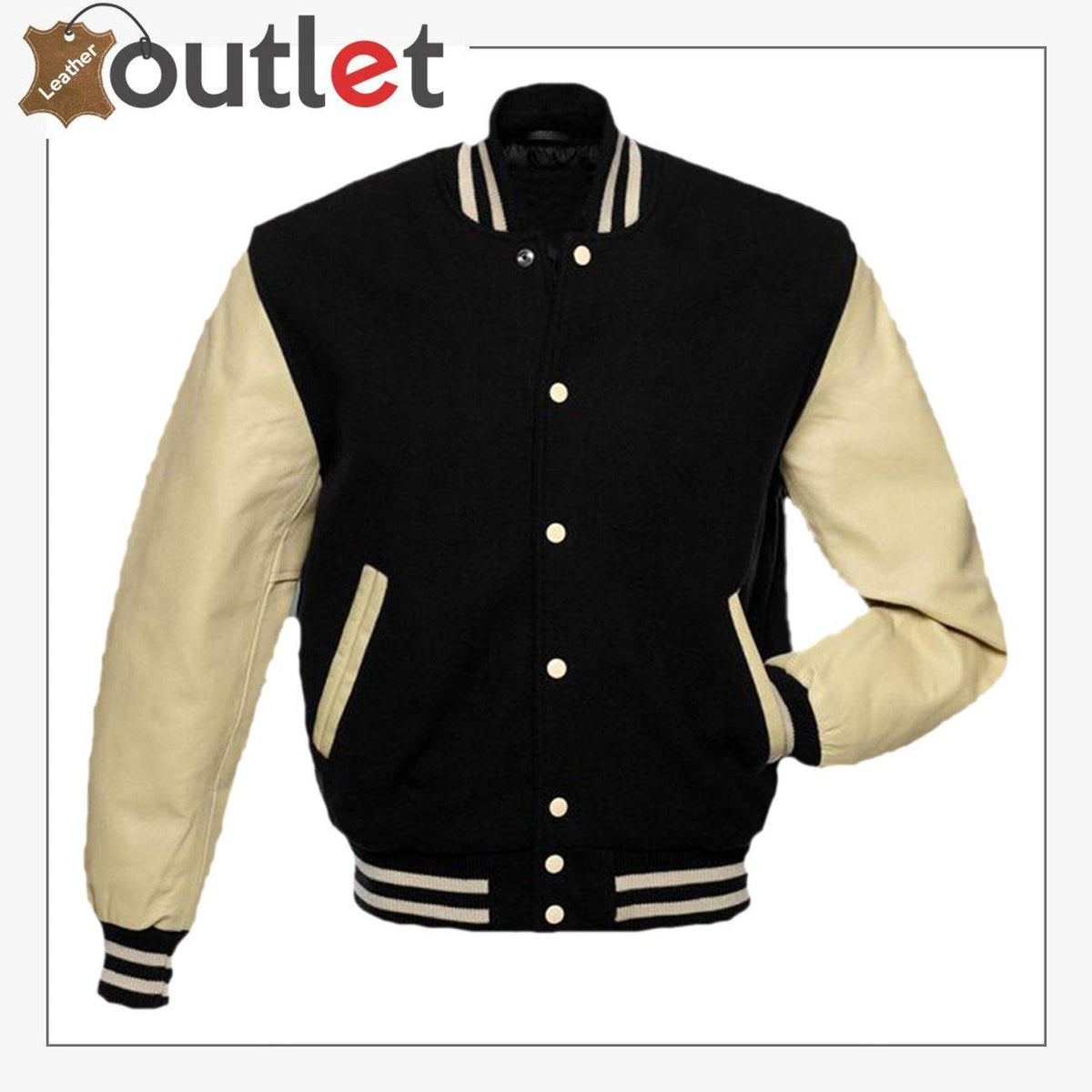 Wool college varsity jacket with leather sleeves, front view