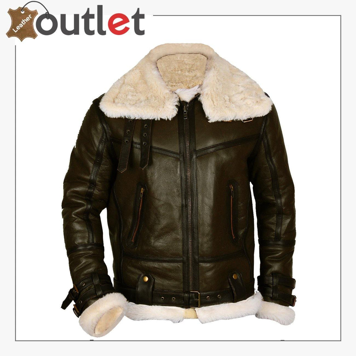 Dark brown mens B3 bomber shearling leather jacket with buckle collar, front view