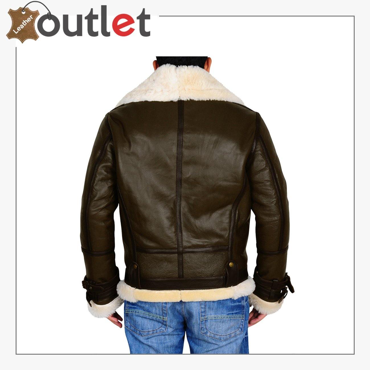 Army Green Men B3 Bomber Shealring Leather Jacket