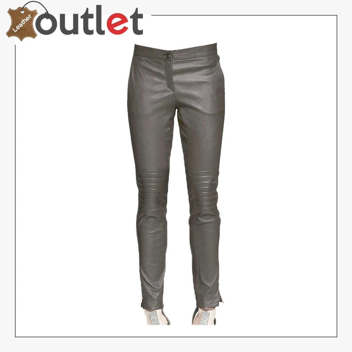 Athens womens black leather biker pants with panelled knees, front view
