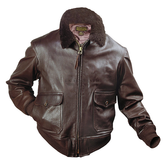 G1 style naval flight jacket in brown leather with mouton collar