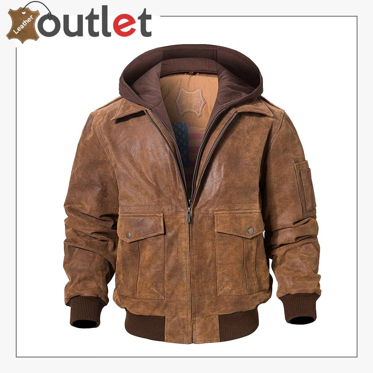 Air force aviator hooded leather bomber jacket in brown, front view