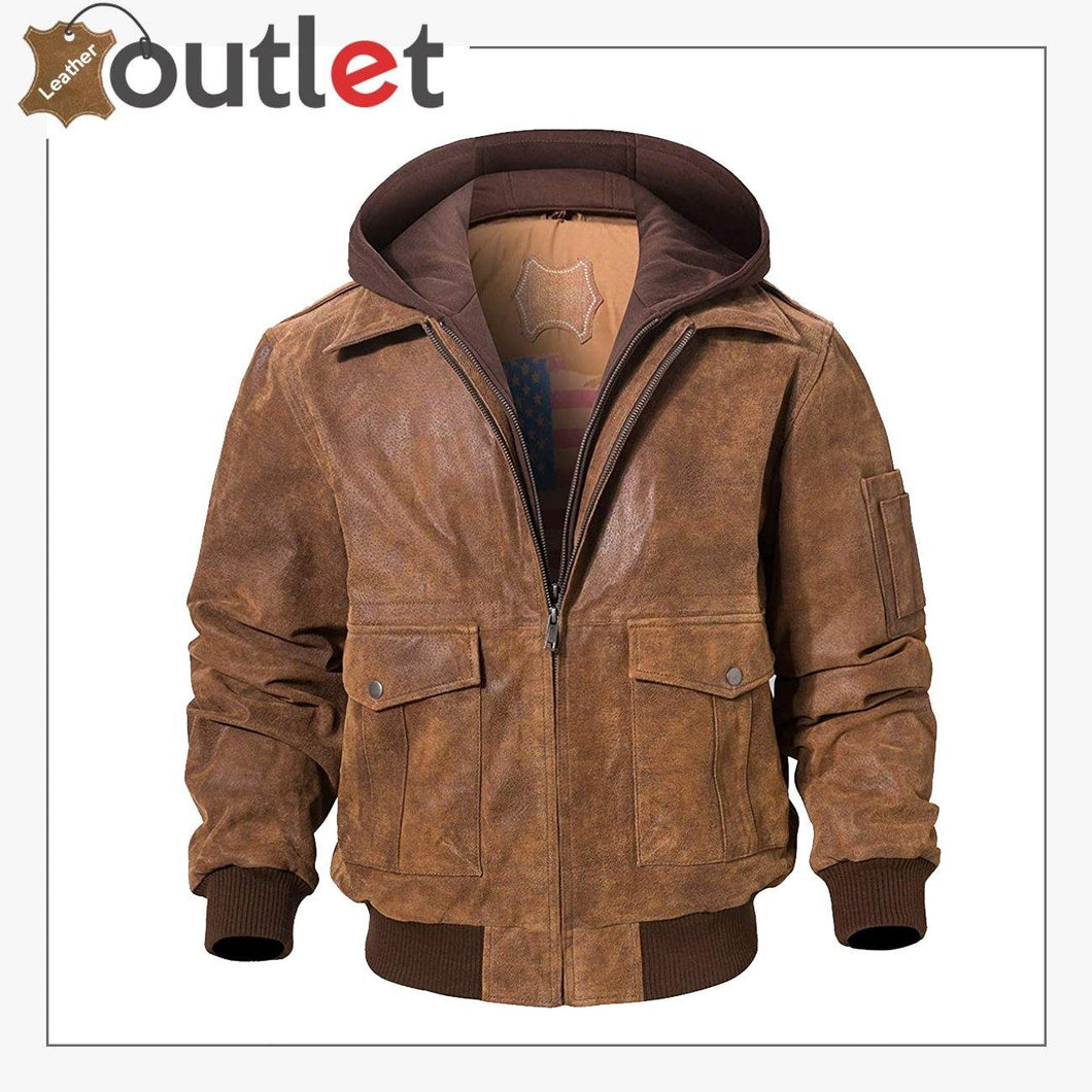 FLAVOR Men's Real Leather Bomber Jacket with Removable Fur Collar Aviator  at  Men’s Clothing store