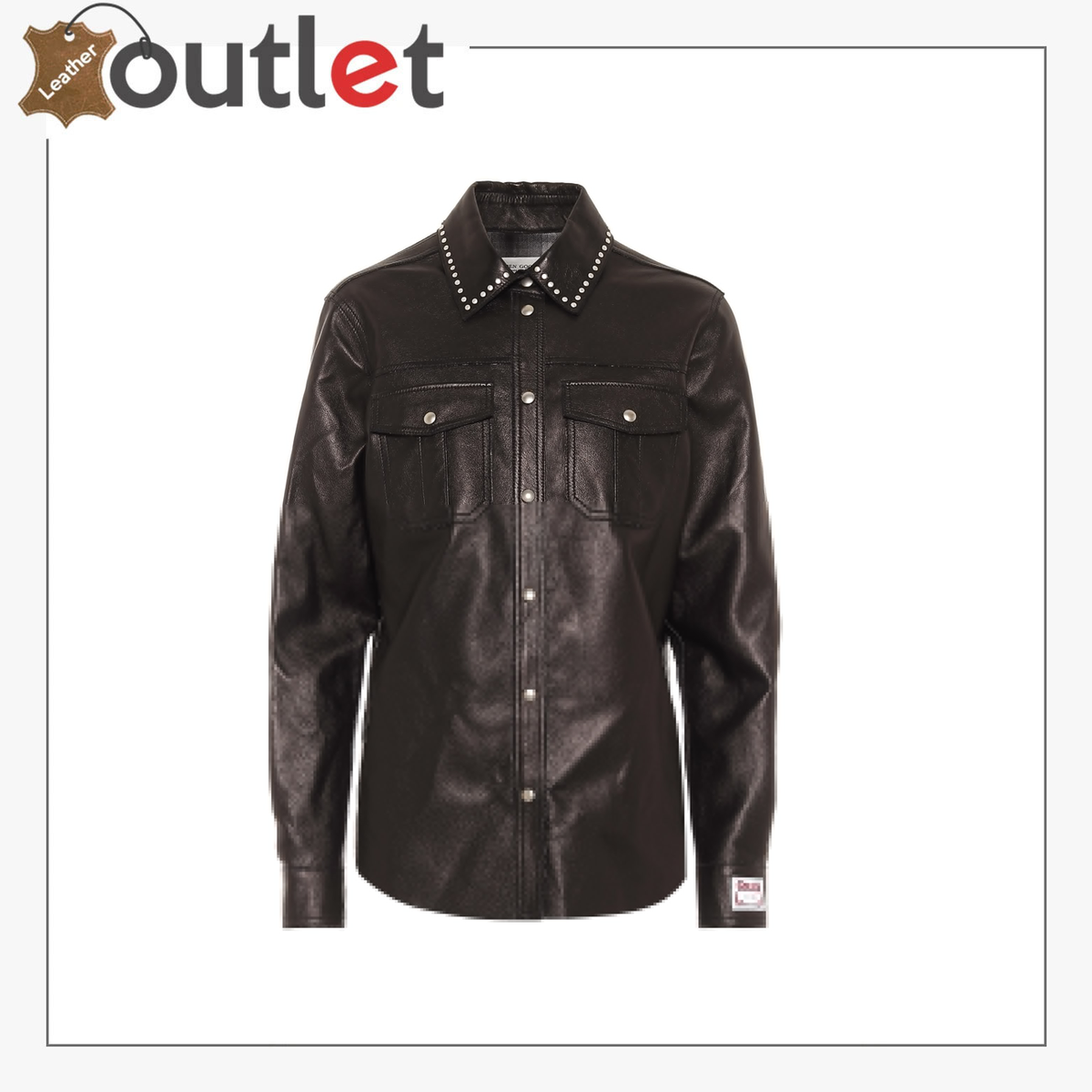Womens black leather shirt with shaped fit and button through front