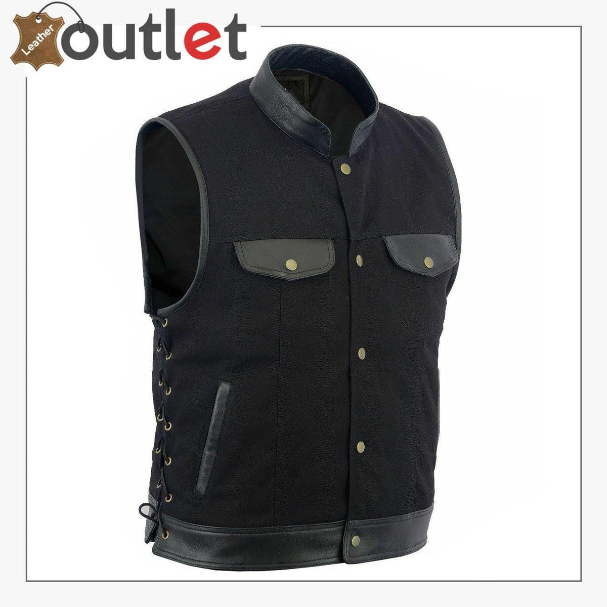 Anarchy black leather biker vest for men, front view