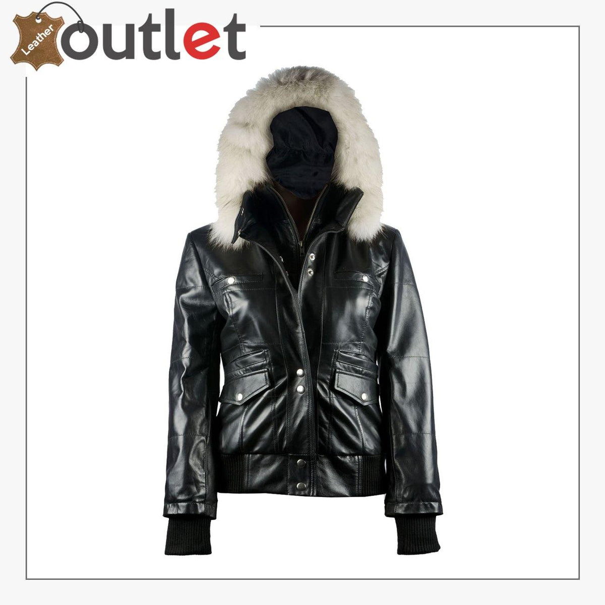 Arctic Freeze black womens leather bomber jacket with built-in hood, front view