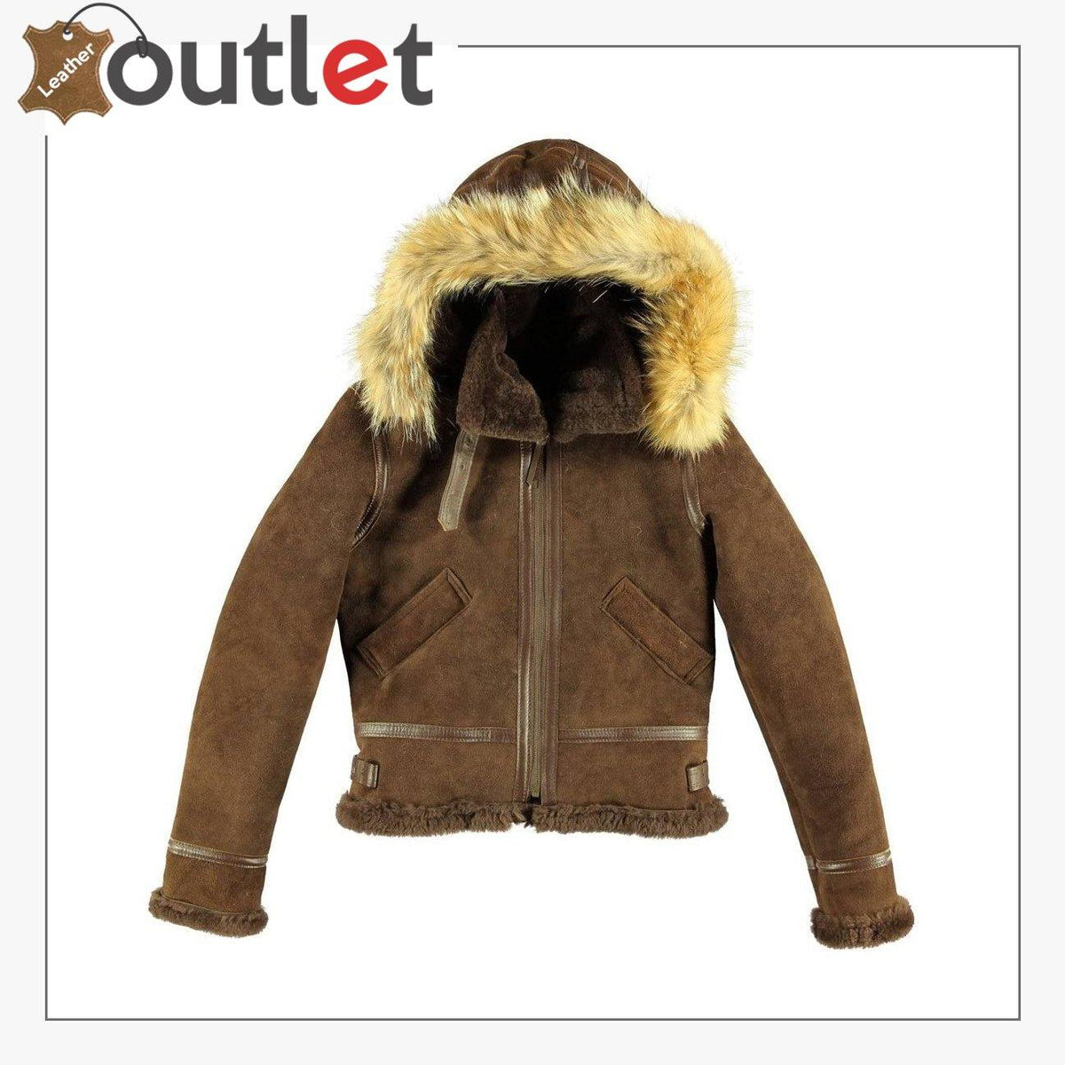 B3 womens hooded leather bomber jacket with shearling hood, cropped front view