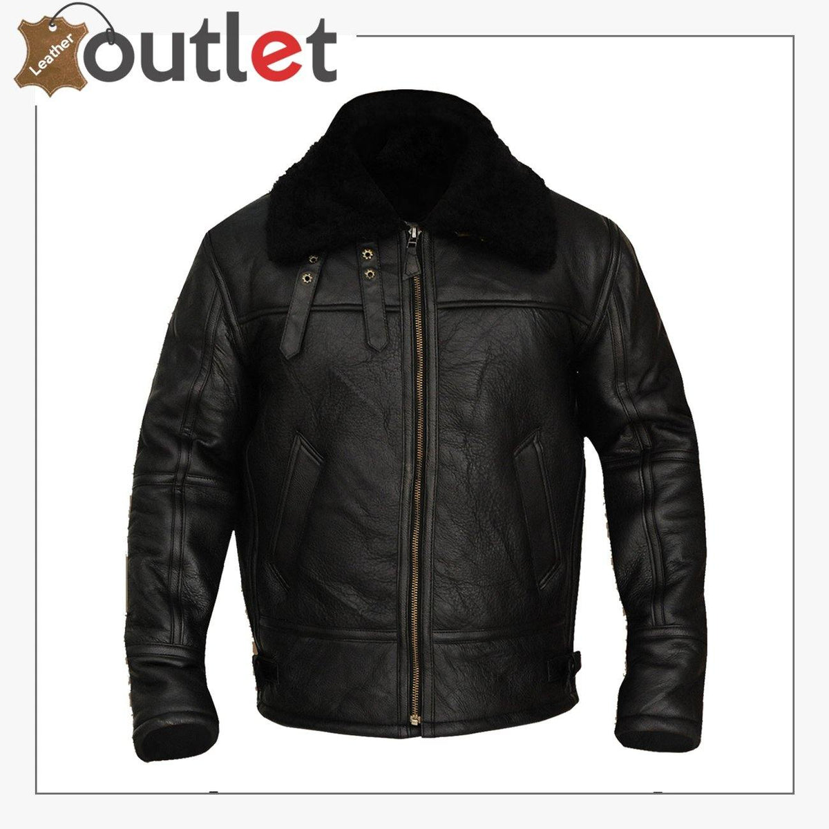 B3 aviator bomber sheepskin jacket in black with shearling collar, front view