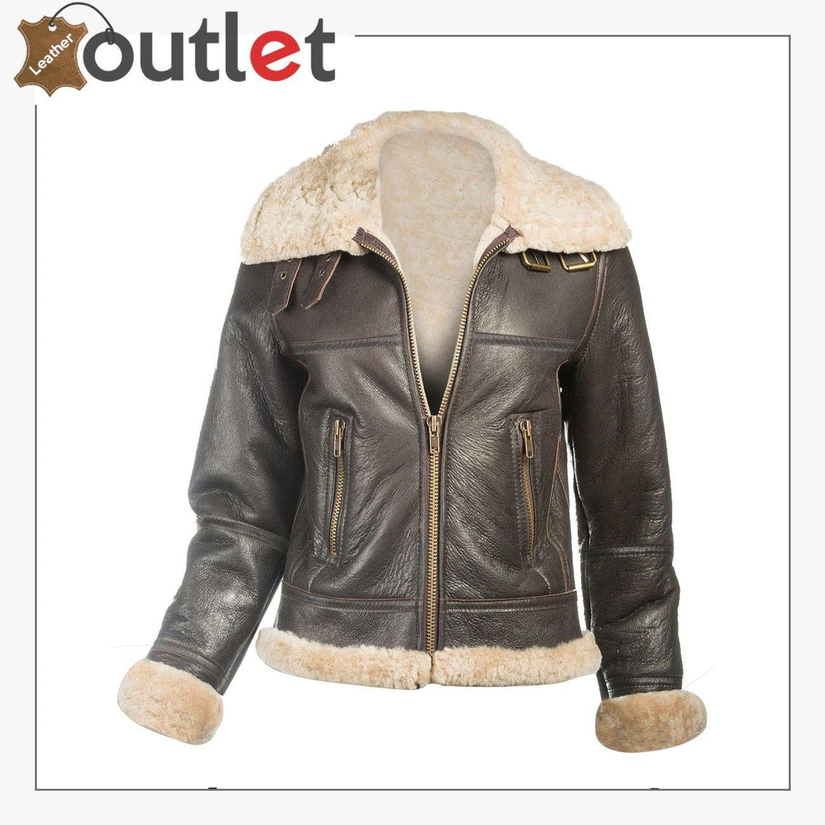 B3 bomber sheepskin womens leather jacket with buckle collar, front view