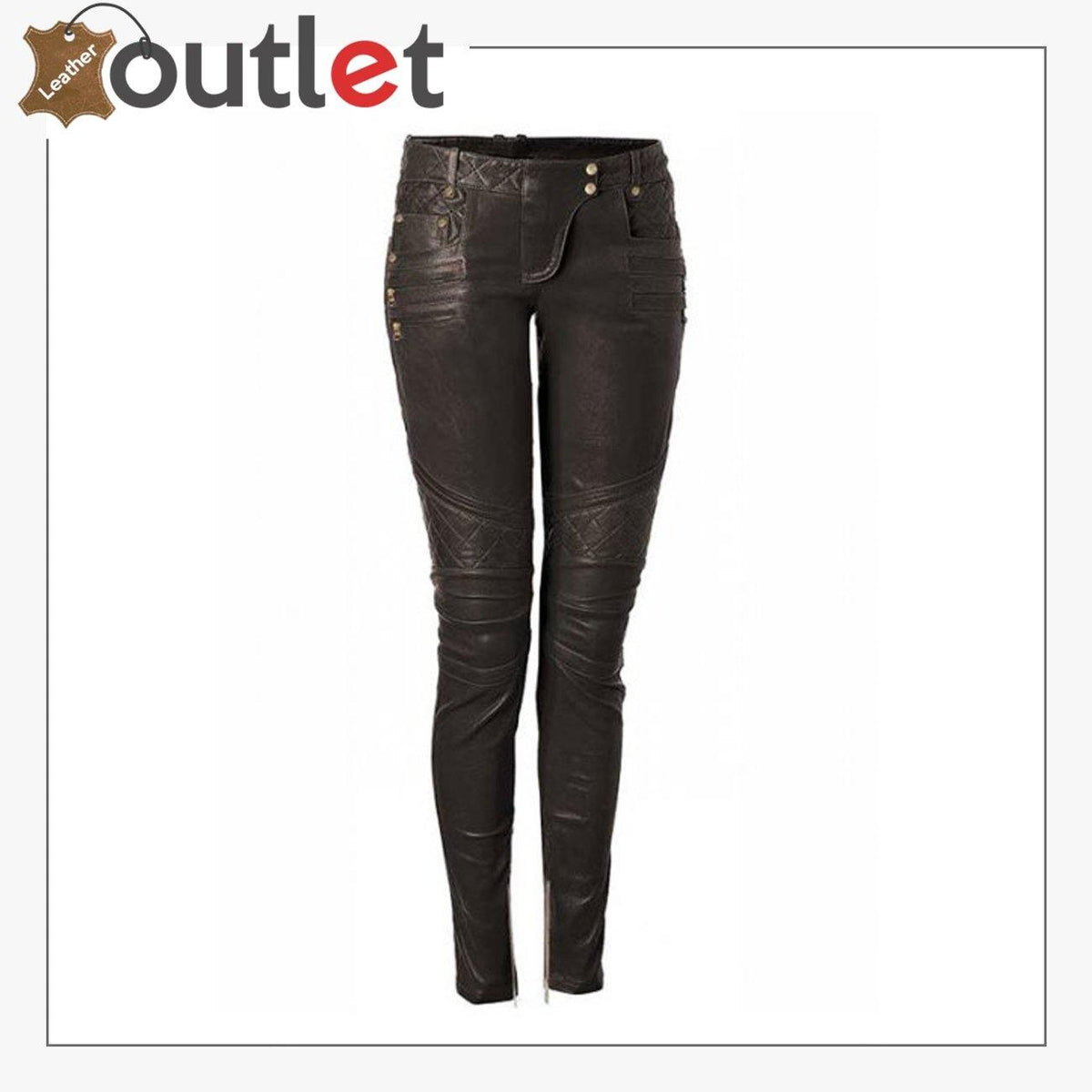Womens slim fit black lamb leather trousers, front view