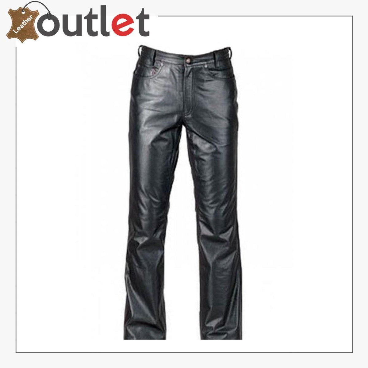Classic style black real leather pants with straight leg, front view