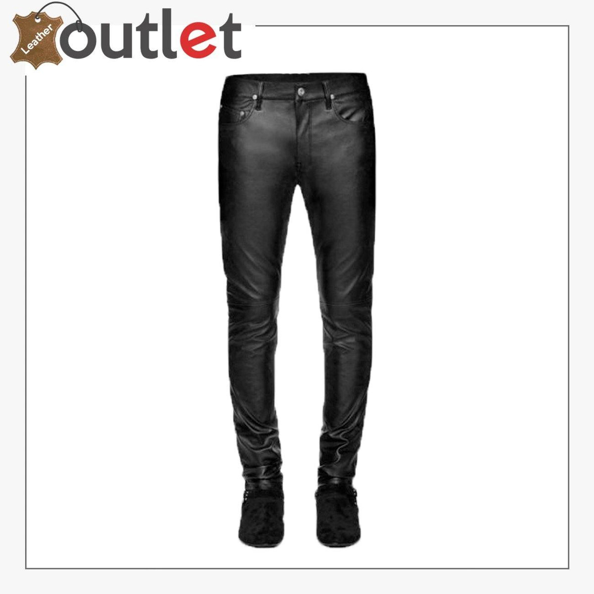 High quality black stretch leather pants for men, front view