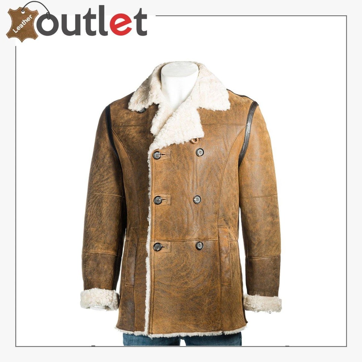 Brown shearling leather coat for men in real sheepskin, front view