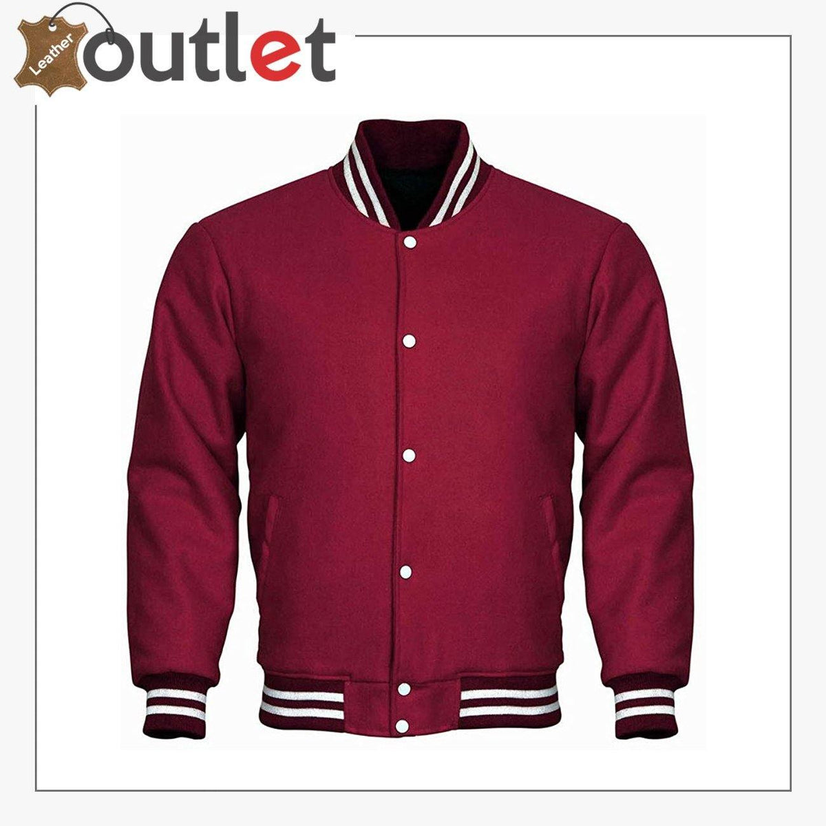 Maroon varsity leather jacket for men, front view with snap front and knit collar