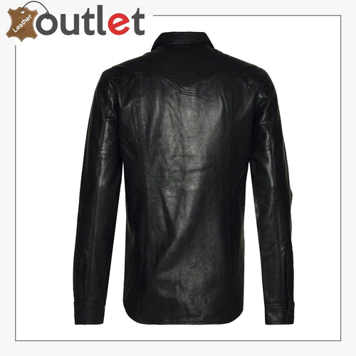 Side view of the plain black mens leather jacket showing regular everyday fit