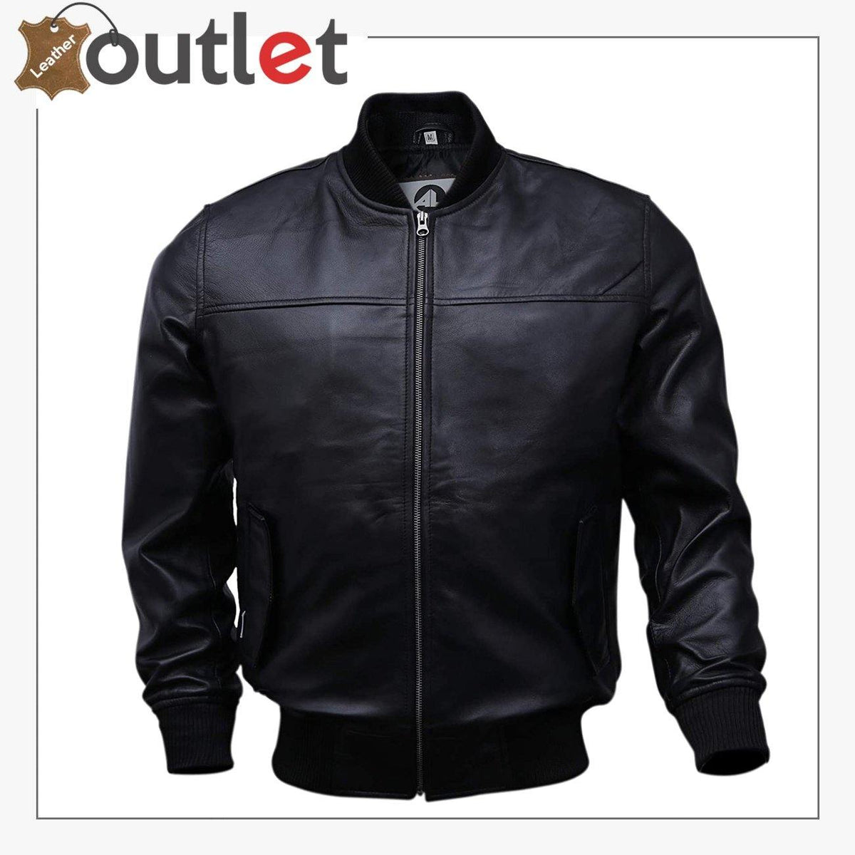 Bomber leather jacket for men in black with knit trim, front view