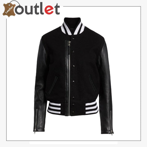 Biker black varsity jacket for women with ribbed collar and snap front, front view