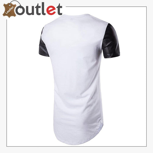 Contrast panel seam detail on womens black and white leather shirt