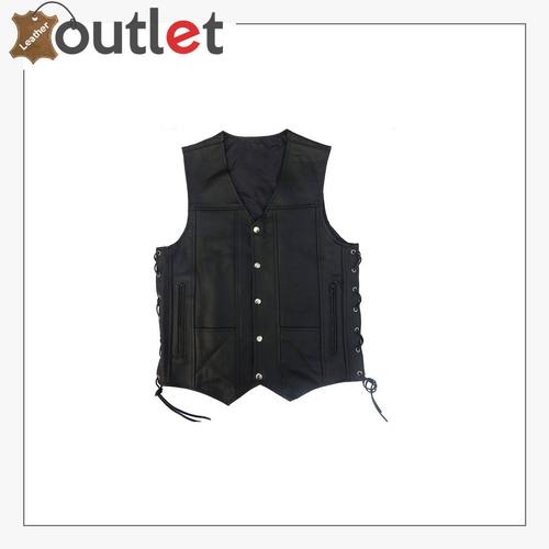Black biker leather vest with shirt style collar, front view