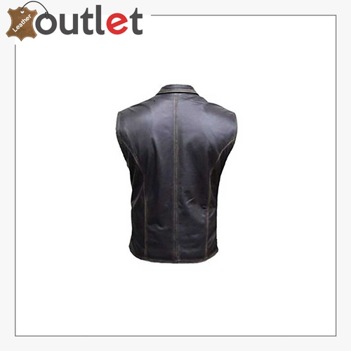 Seven button black leather vest for men, back view
