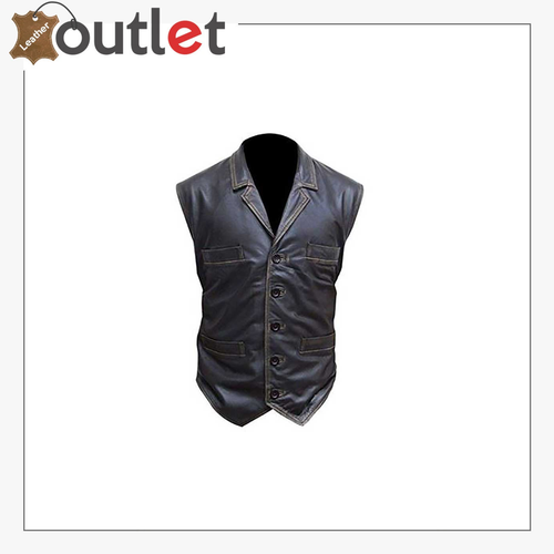 Black biker leather vest with seven buttons and pockets, front view