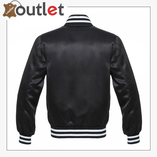 Ribbed collar and zip detail on black leather varsity bomber jacket
