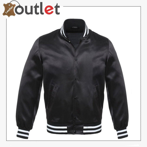 Black bomber style leather varsity jacket with zip front, front view