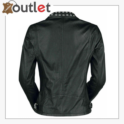 Rounded silver stud detail on womens black leather biker jacket