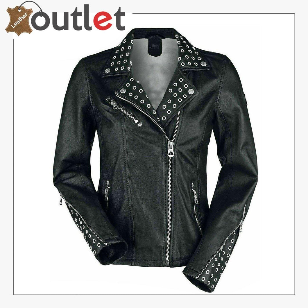 Black Classic Rounded Silver Studded Zip Leather Jacket