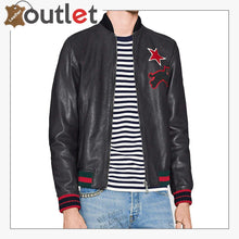 Load image into Gallery viewer, Black Embroidery Leather Bomber Jacket - Leather Outlet
