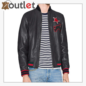 Black Embroidery Leather Bomber Jacket - Leather Outlet
