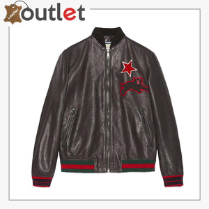 Black Embroidery Leather Bomber Jacket - Leather Outlet